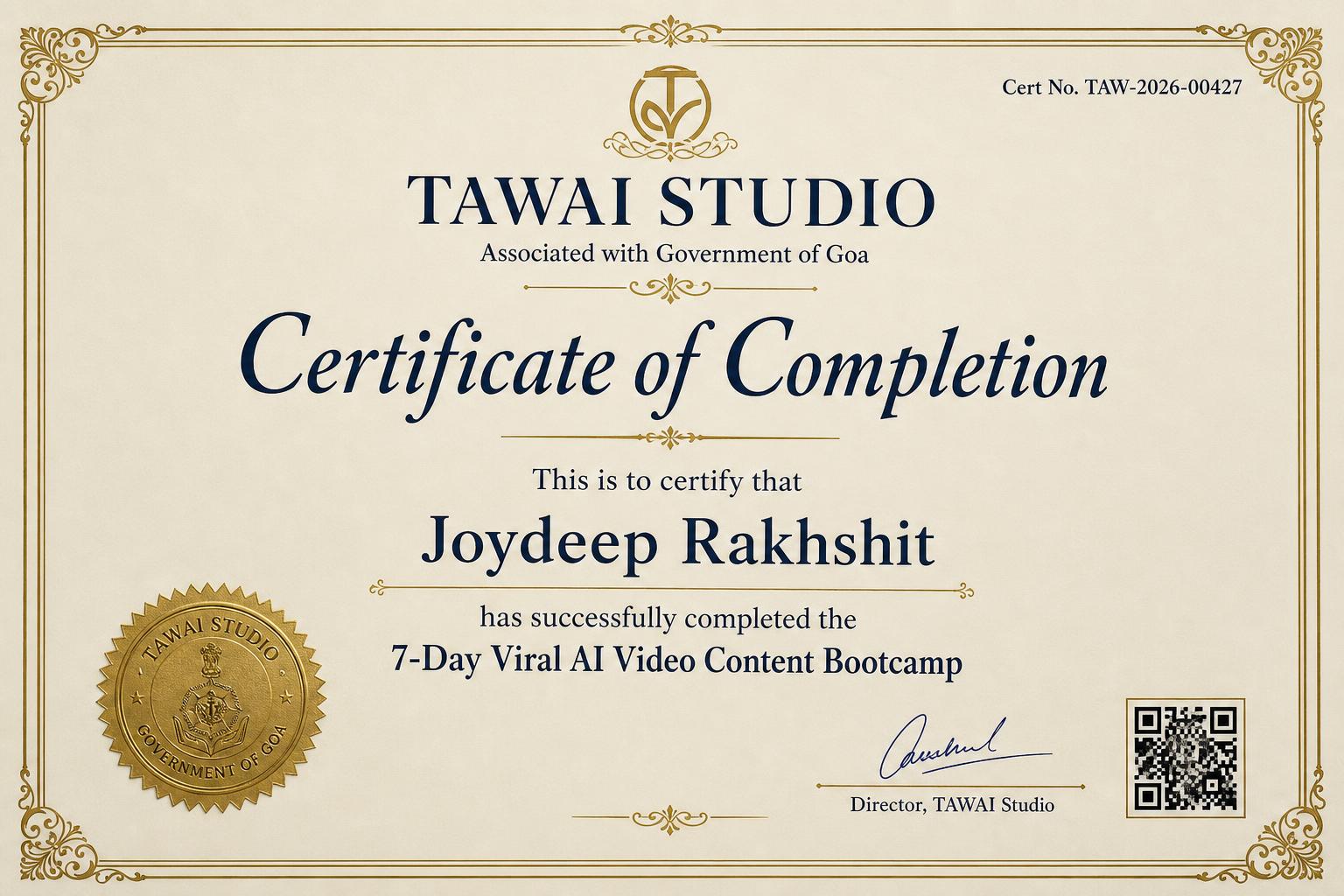 TAWAI Studio Government of Goa associated certificate of completion for the 7-Day Viral AI Video Content Bootcamp